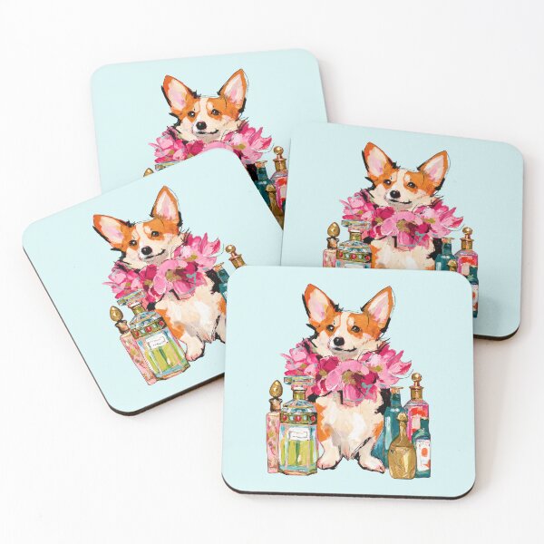 Item preview, Corgi with Perfume Bottles Pink Flowers Painted Illustration designed and sold by joannejgg.