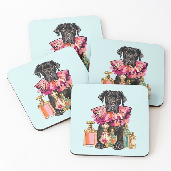 Item preview, Black Dog Pink Ruffle Collar Perfume Bottles Glam Illustration designed and sold by joannejgg.