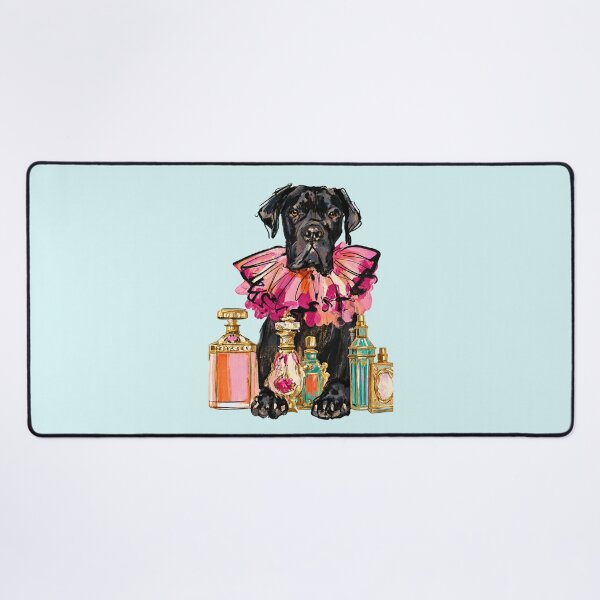 Item preview, Black Dog Pink Ruffle Collar Perfume Bottles Glam Illustration designed and sold by joannejgg.