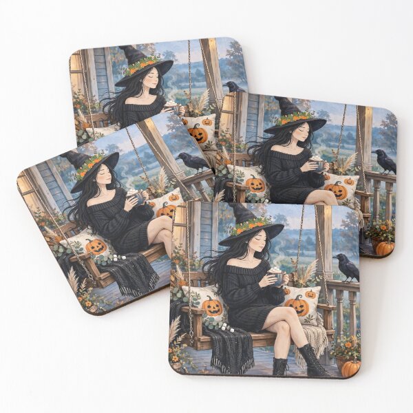 Item preview, The Witch and Her Raven Sipping Hot Cocoa on the Porch. designed and sold by DibujandoPorfa.