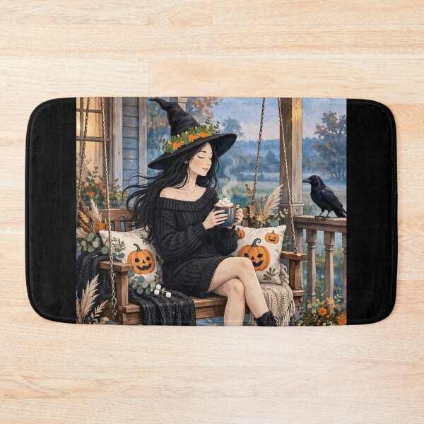 Item preview, The Witch and Her Raven Sipping Hot Cocoa on the Porch. designed and sold by DibujandoPorfa.