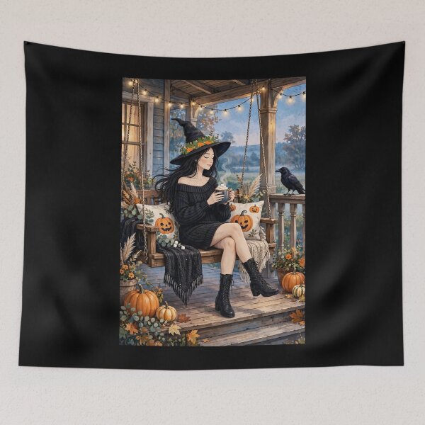 Item preview, The Witch and Her Raven Sipping Hot Cocoa on the Porch. designed and sold by DibujandoPorfa.