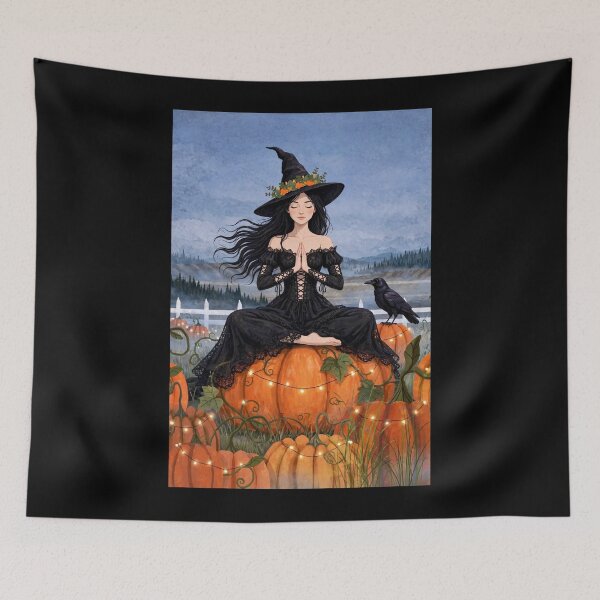 Item preview, The Witch and Her Raven Meditating on a Giant Pumpkin. designed and sold by DibujandoPorfa.