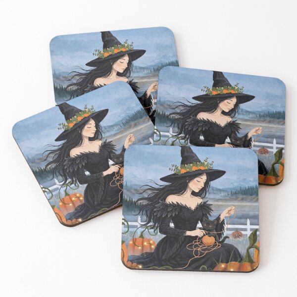 Item preview, The Witch and Her Raven Playing with a Kitten and a Ball of Yarn. designed and sold by DibujandoPorfa.