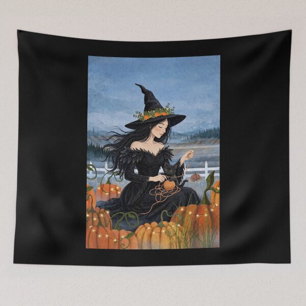 Item preview, The Witch and Her Raven Playing with a Kitten and a Ball of Yarn. designed and sold by DibujandoPorfa.