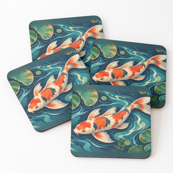 Item preview, Long-Finned Koi Fish in a Teal Lily Pond – Aquatic Illustration designed and sold by astersgraphics.