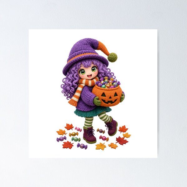 Item preview, Cute Knitted Halloween Witch Girl with Candy Pumpkin – Kawaii Digital Sticker designed and sold by ashwin131.