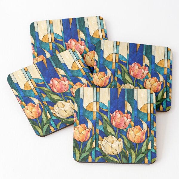 Item preview, Stained Glass Tulips – Coral, Apricot and Ivory Floral Window Art designed and sold by astersgraphics.