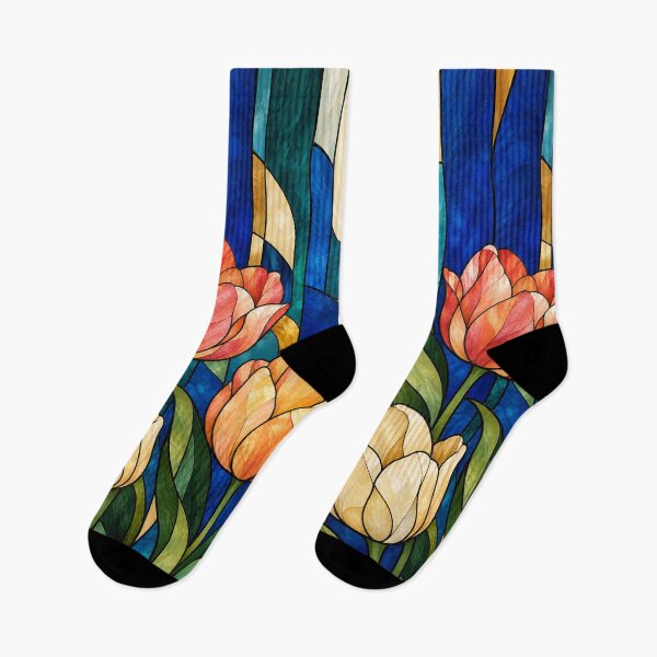 Item preview, Stained Glass Tulips – Coral, Apricot and Ivory Floral Window Art designed and sold by astersgraphics.