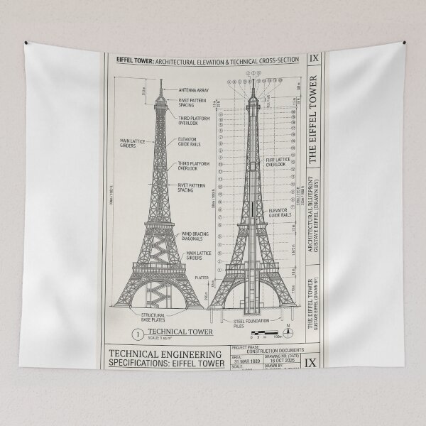 Item preview, Architectural Blueprint Eiffel Tower Technical Drawing Line Art designed and sold by hepopatterns.