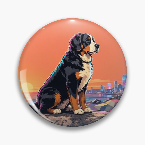 Item preview, Bernese Mountain Dog Warm Sunset Synthwave Neon City Pop Art designed and sold by Dogandesighn.