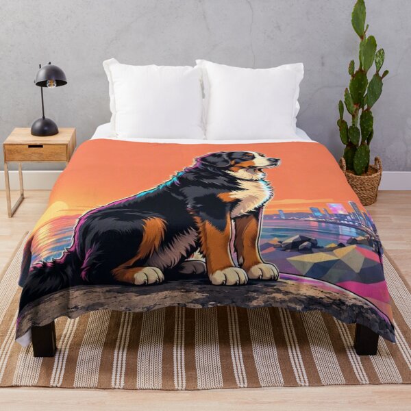 Item preview, Bernese Mountain Dog Warm Sunset Synthwave Neon City Pop Art designed and sold by Dogandesighn.