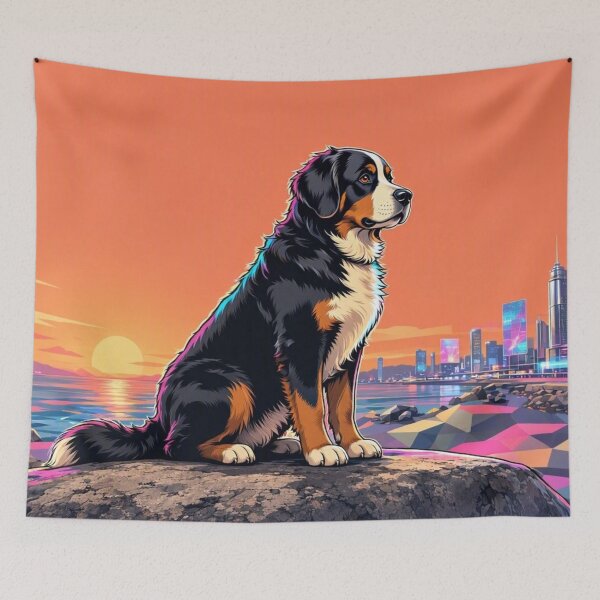 Item preview, Bernese Mountain Dog Warm Sunset Synthwave Neon City Pop Art designed and sold by Dogandesighn.