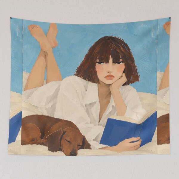 Item preview, French Girl Reading with Her Dachshund | Figurative Portrait designed and sold by CARRAANN.