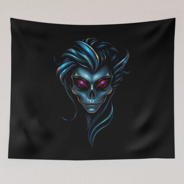 Item preview, Cyber Goth Skull Lady Metallic Blue Portrait designed and sold by ERODED SELF.