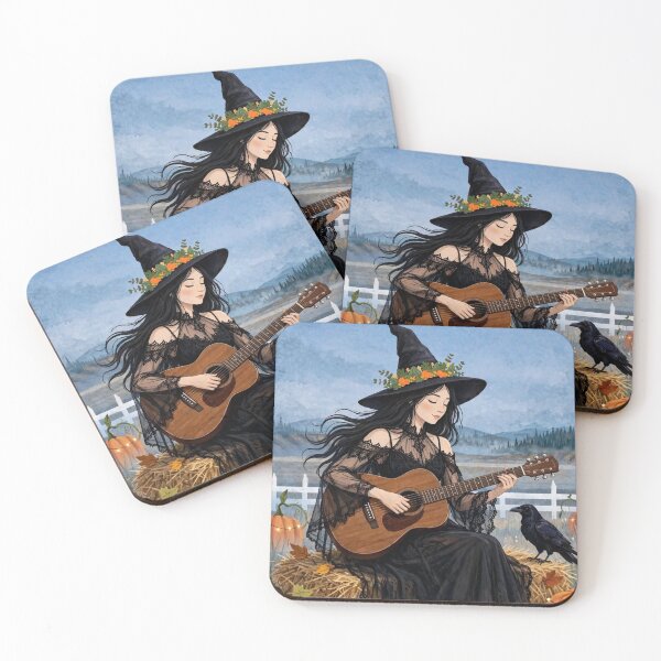 Item preview, The Witch and Her Raven Playing Guitar on a Spooky Autumn Day. designed and sold by DibujandoPorfa.