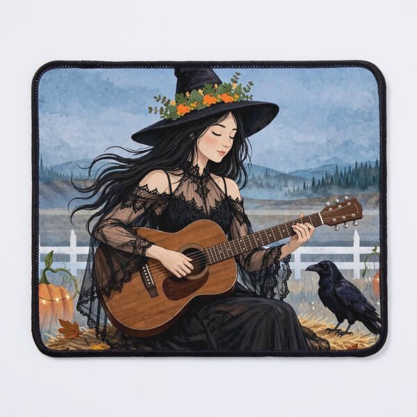 Item preview, The Witch and Her Raven Playing Guitar on a Spooky Autumn Day. designed and sold by DibujandoPorfa.