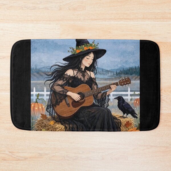 Item preview, The Witch and Her Raven Playing Guitar on a Spooky Autumn Day. designed and sold by DibujandoPorfa.