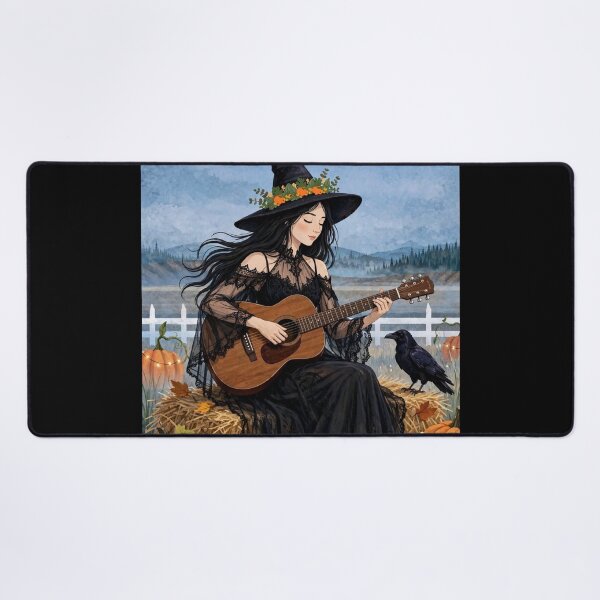 Item preview, The Witch and Her Raven Playing Guitar on a Spooky Autumn Day. designed and sold by DibujandoPorfa.