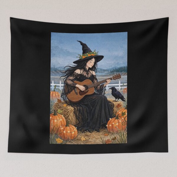 Item preview, The Witch and Her Raven Playing Guitar on a Spooky Autumn Day. designed and sold by DibujandoPorfa.