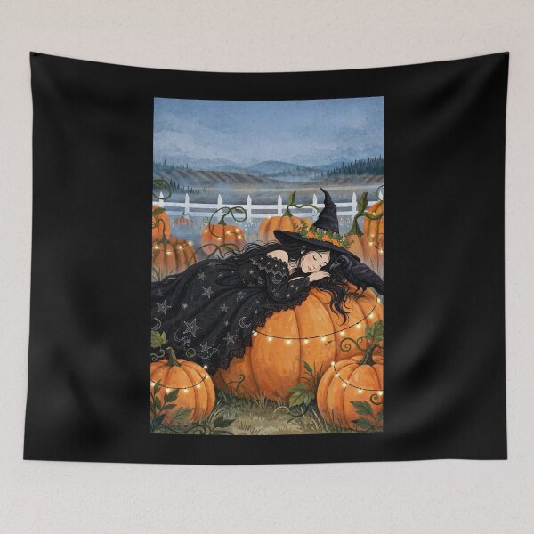 Item preview, The Witch and Her Raven Taking a Nap on a Giant Pumpkin. designed and sold by DibujandoPorfa.