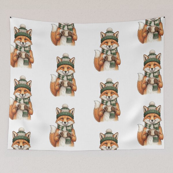 Item preview, Cozy Fox Drinking Coffee in a Green Winter Hat and Scarf – Cute Woodland Animal  designed and sold by SOUFIANE1991.