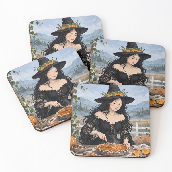 Item preview, The Witch and Her Raven Baking a Pie in the Autumn Countryside. designed and sold by DibujandoPorfa.