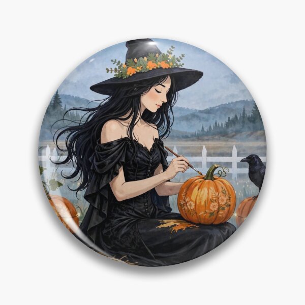 Item preview, The Witch and Her Raven Painting a Pumpkin with a Paintbrush. designed and sold by DibujandoPorfa.
