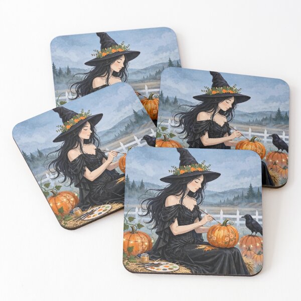 Item preview, The Witch and Her Raven Painting a Pumpkin with a Paintbrush. designed and sold by DibujandoPorfa.