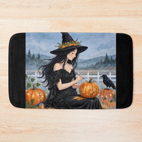 Item preview, The Witch and Her Raven Painting a Pumpkin with a Paintbrush. designed and sold by DibujandoPorfa.