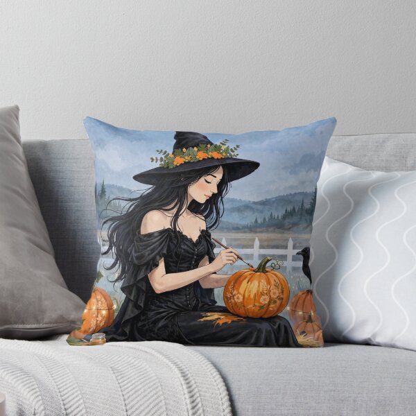 Item preview, The Witch and Her Raven Painting a Pumpkin with a Paintbrush. designed and sold by DibujandoPorfa.