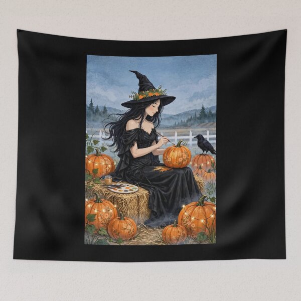 Item preview, The Witch and Her Raven Painting a Pumpkin with a Paintbrush. designed and sold by DibujandoPorfa.