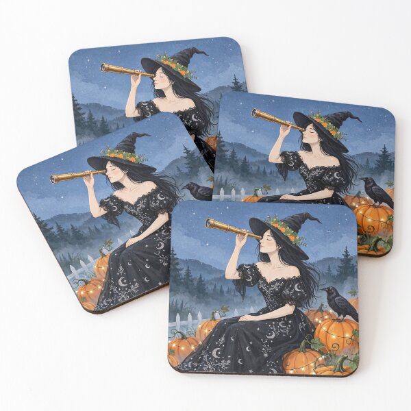 Item preview, The Witch and Her Raven Watching the Stars on a Magical Night. designed and sold by DibujandoPorfa.