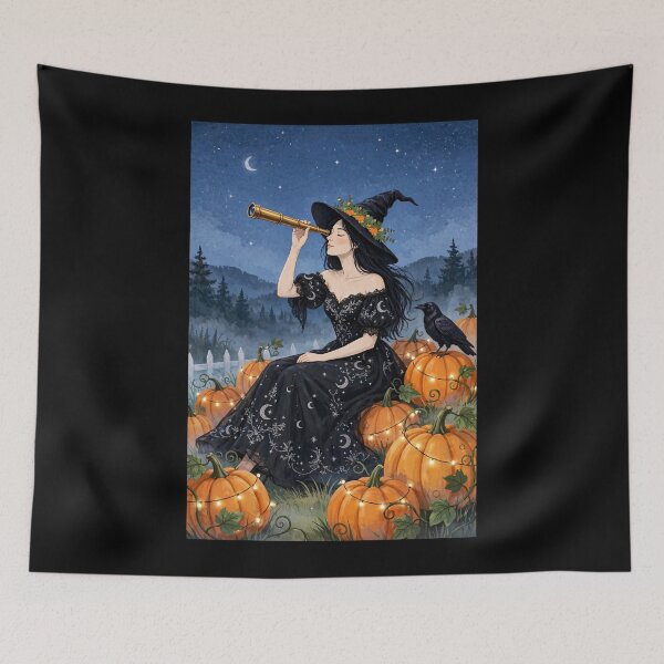 Item preview, The Witch and Her Raven Watching the Stars on a Magical Night. designed and sold by DibujandoPorfa.