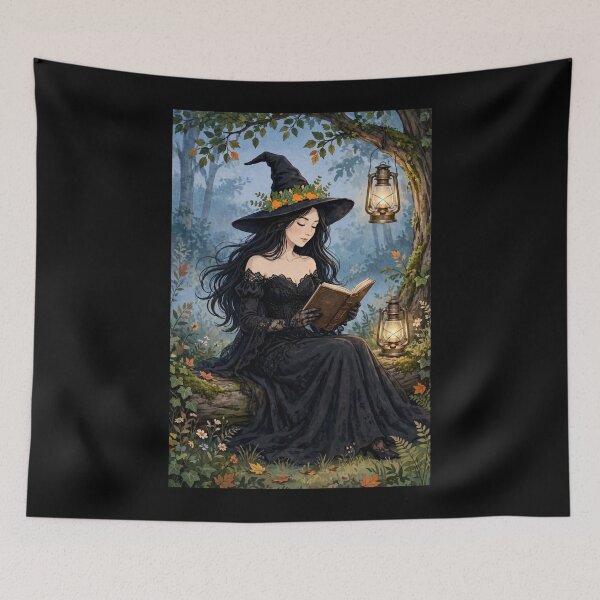 Item preview, The Witch and Her Raven Reading in the Moonlit Forest. designed and sold by DibujandoPorfa.