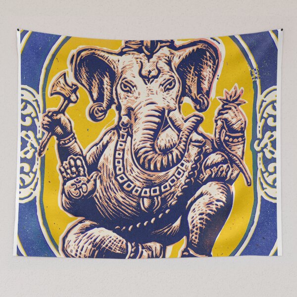 Item preview, Dancing Ganesha Risograph in Indigo and Mustard designed and sold by Fani*.