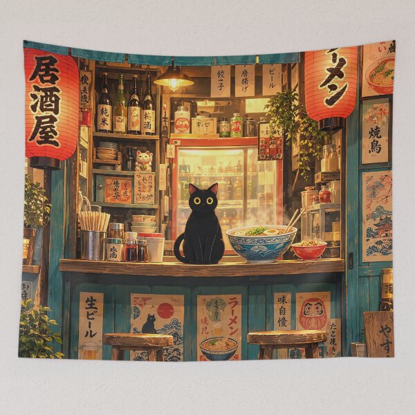 Item preview, Cozy Japanese Ramen Shop with Black Cat designed and sold by Curio Meridian.