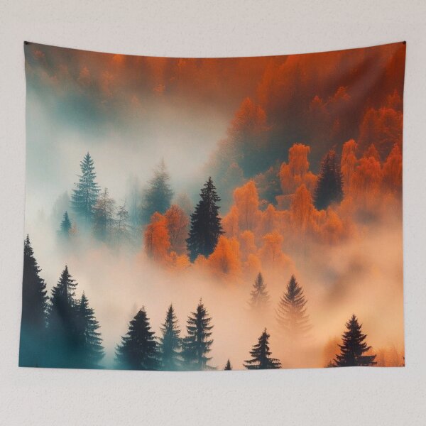 Item preview, Misty Autumn Forest Landscape — Atmospheric Orange and Teal Pine Trees Art designed and sold by LYAN-STORE.