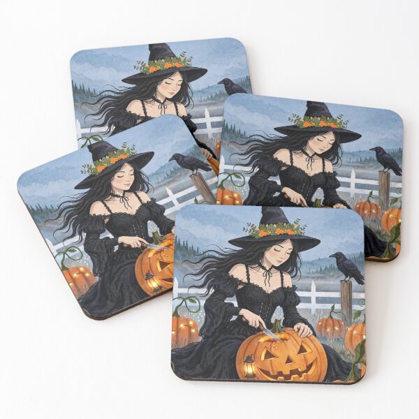 Item preview, The Witch and Her Raven Carving a Glowing Pumpkin Lantern. designed and sold by DibujandoPorfa.