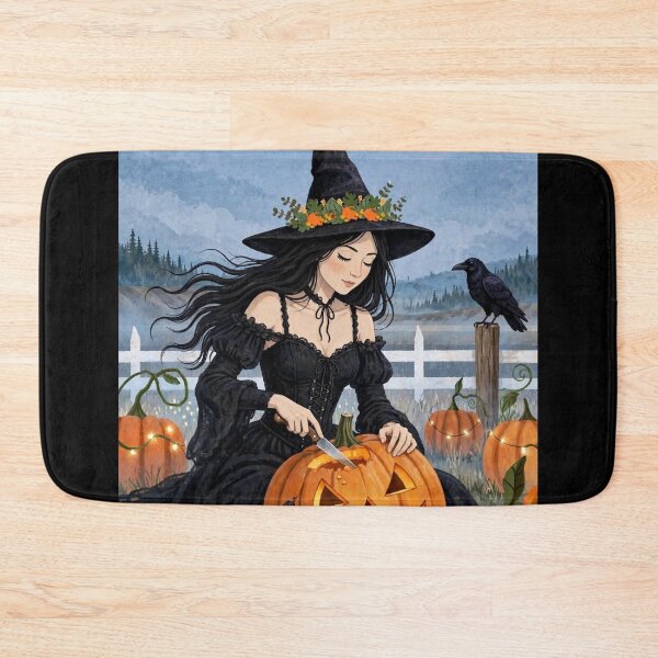 Item preview, The Witch and Her Raven Carving a Glowing Pumpkin Lantern. designed and sold by DibujandoPorfa.