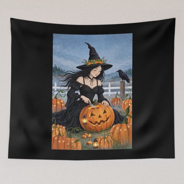 Item preview, The Witch and Her Raven Carving a Glowing Pumpkin Lantern. designed and sold by DibujandoPorfa.