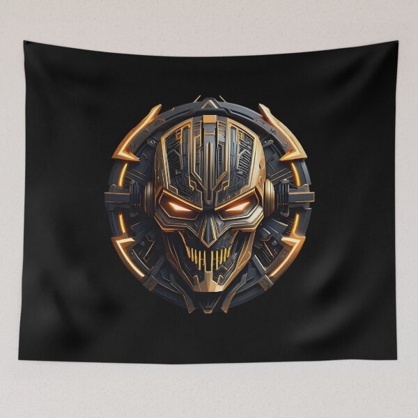 Item preview, Futuristic Cyberpunk Skull Mask – Black and Gold Sci-Fi Armor Art designed and sold by Kruti Collection.