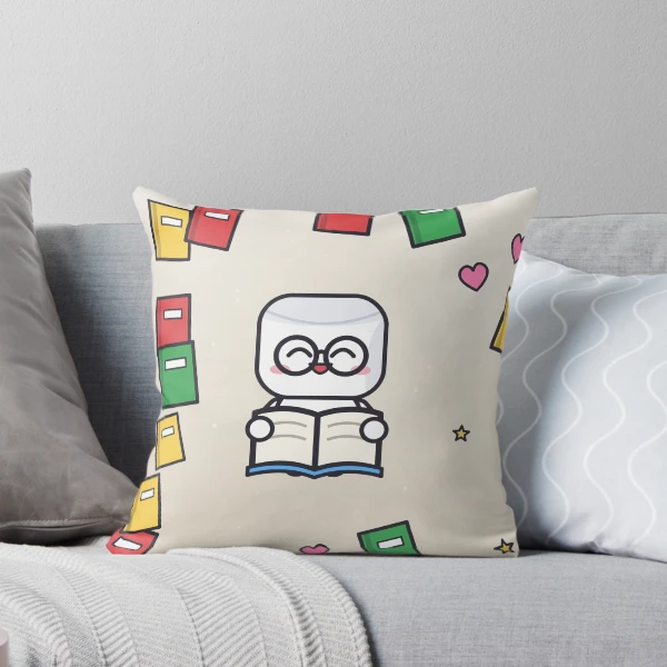 Just One More Chapter - Cute Bookworm Marshmallow Pip Reading — Throw Pillow by BiMood