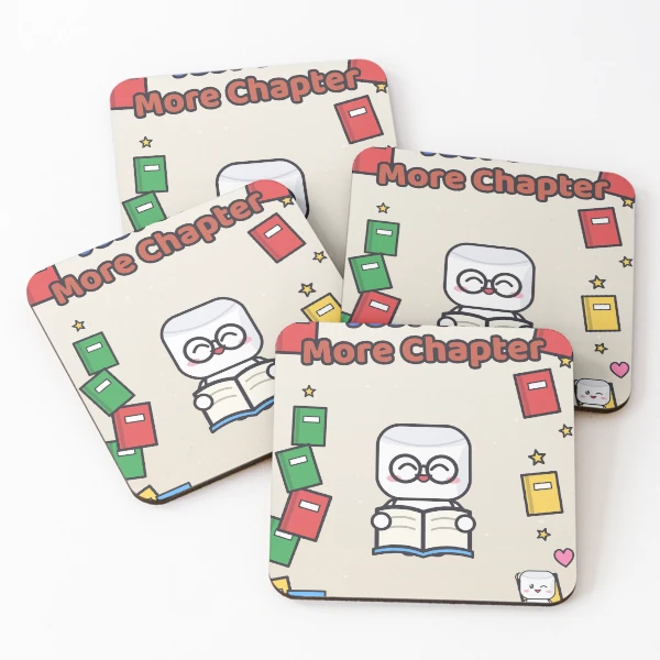Just One More Chapter - Cute Bookworm Marshmallow Pip Reading — Coasters (Set of 4) by BiMood