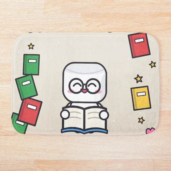 Just One More Chapter - Cute Bookworm Marshmallow Pip Reading — Bath Mat by BiMood