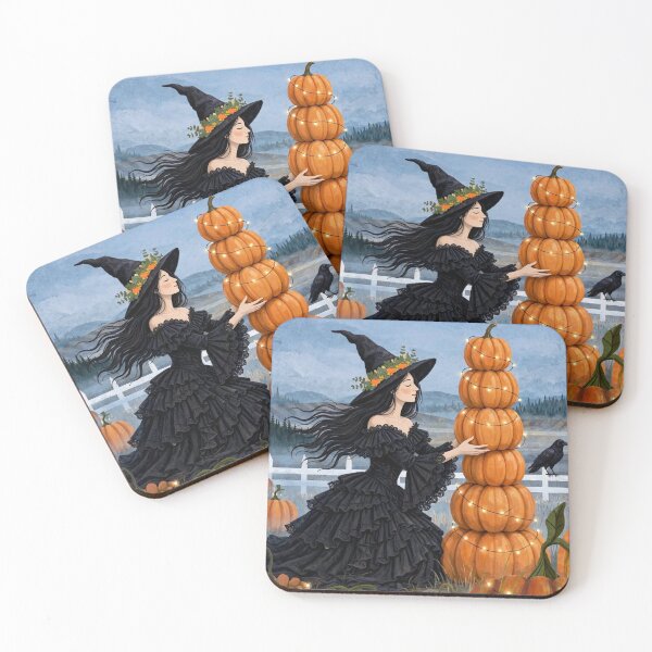 Item preview, The Witch and Her Raven Stacking a Tower of Pumpkins. designed and sold by DibujandoPorfa.