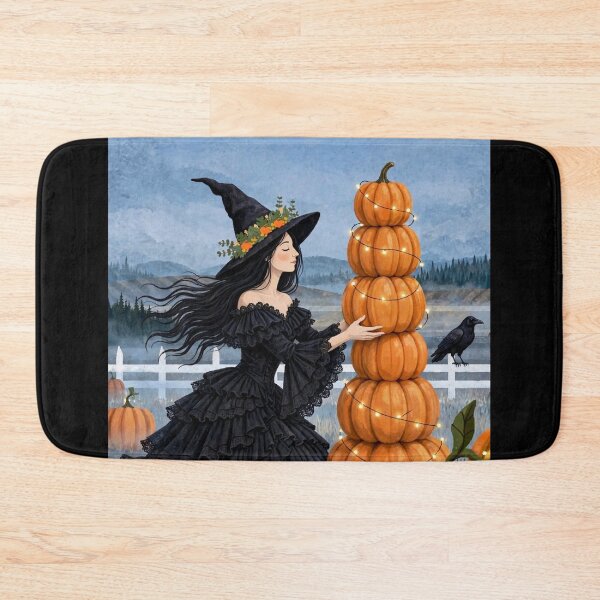 Item preview, The Witch and Her Raven Stacking a Tower of Pumpkins. designed and sold by DibujandoPorfa.