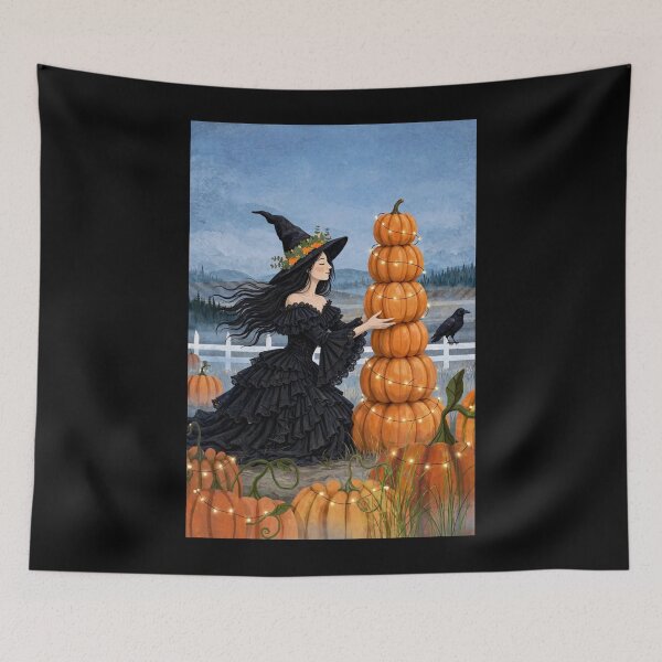 Item preview, The Witch and Her Raven Stacking a Tower of Pumpkins. designed and sold by DibujandoPorfa.