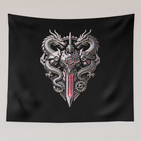Item preview, Cybernetic Twin Dragons and Glowing Blue Sword – Futuristic Mechanical Fantasy Emblem designed and sold by Kruti Collection.