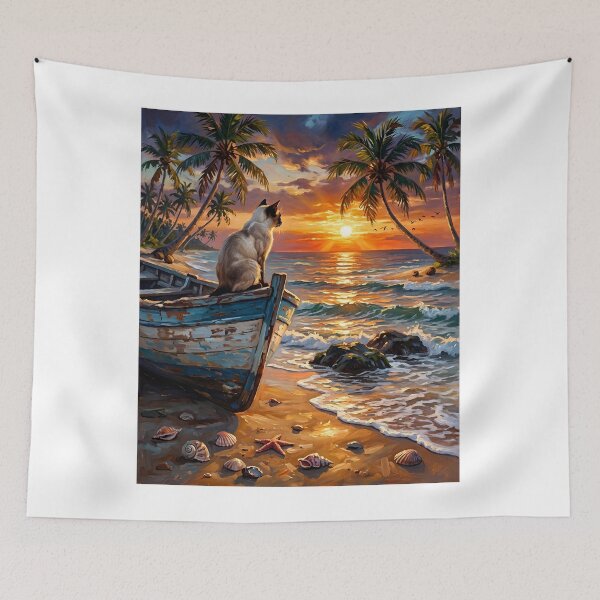 Item preview, Serene Siamese Cat Watching Tropical Beach Sunset designed and sold by Fateh-Kro ⭐⭐⭐⭐⭐.